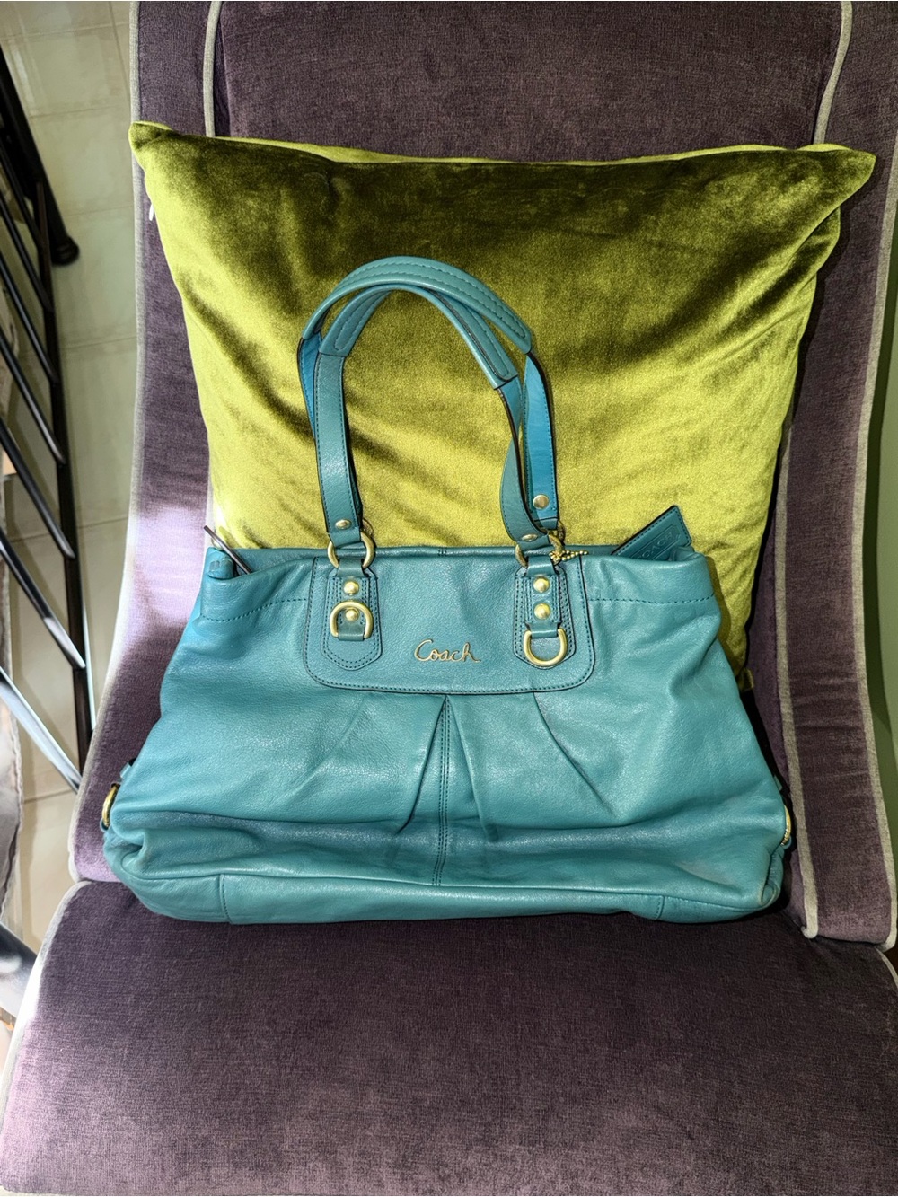Coach Teal Leather Shoulder Bag with Gold-Tone Hardware